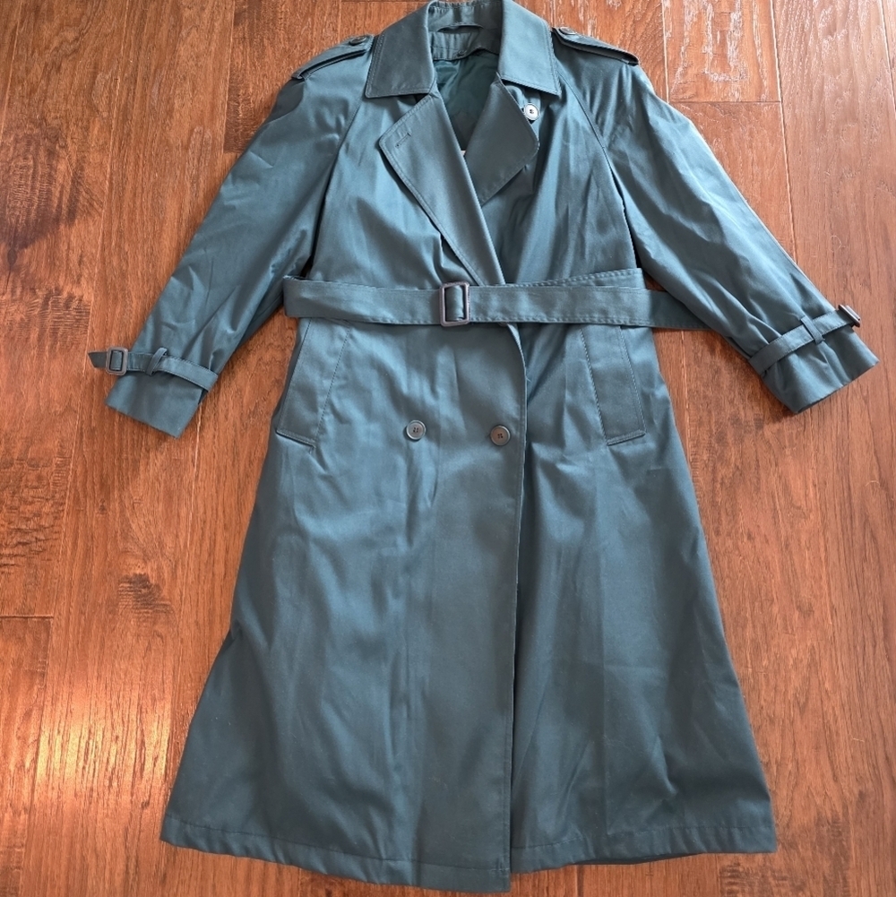 Worthington Vintage Women 3 Season Trench Long Coat Belted Long Size 10 P Green - Picture 2 of 9